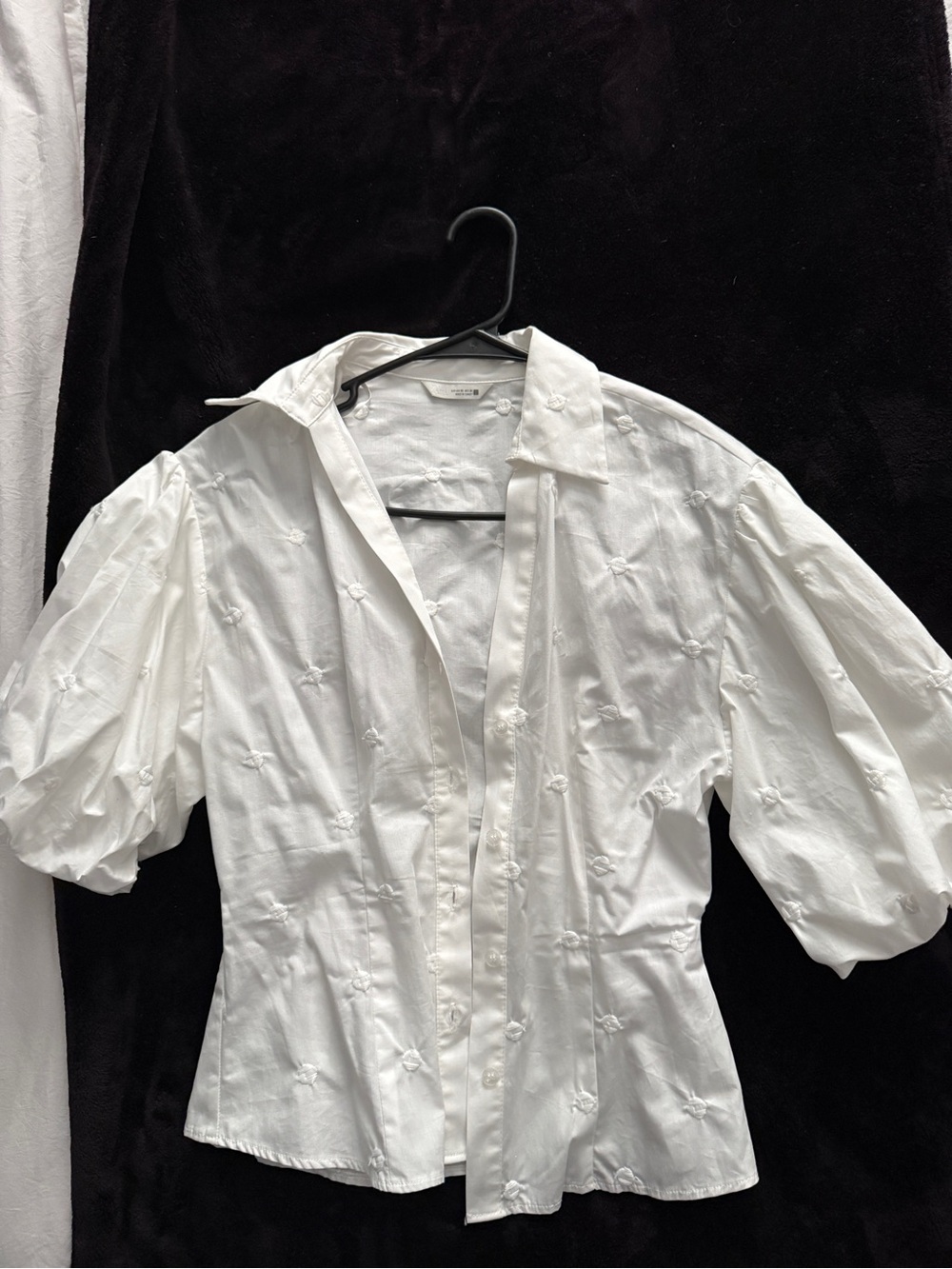 Zara White Embroidered Puff-Sleeve Button-Down Shirt